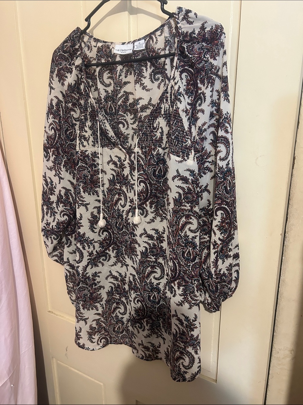 Liz Claiborne Ivory Paisley Tie-Neck Tunic with Black & Burgundy Accents